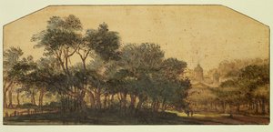 背景に城がある風景（ペンとインク、紙にトイレ）